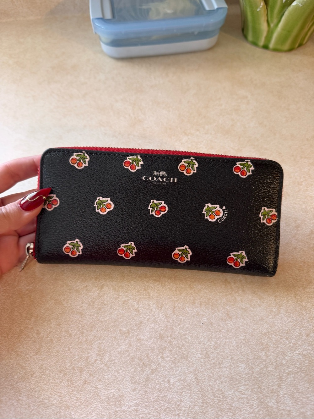 Coach Black Cherry Print Zip Wallet with Red Zipper
